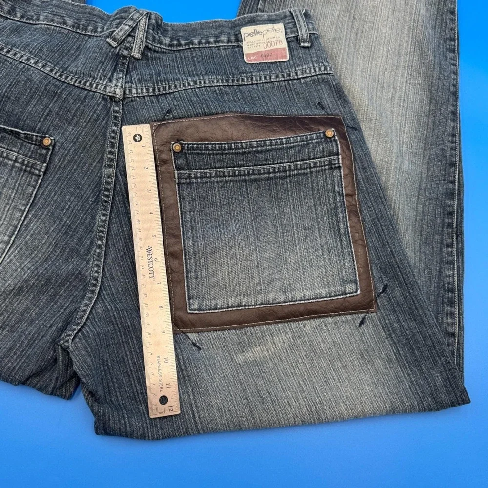 Y2K VTG Pelle Pelle Mens Jeans Dark Wash Leather Pocket Relaxed Fit Size‎ 40x34